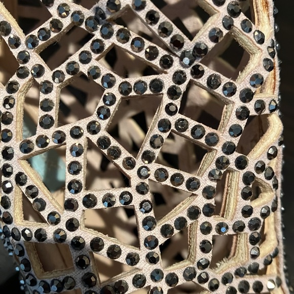 Fabulous Betsey Johnson cream with gunmetal bling caged peep toe 4” bootie. - Picture 8 of 16